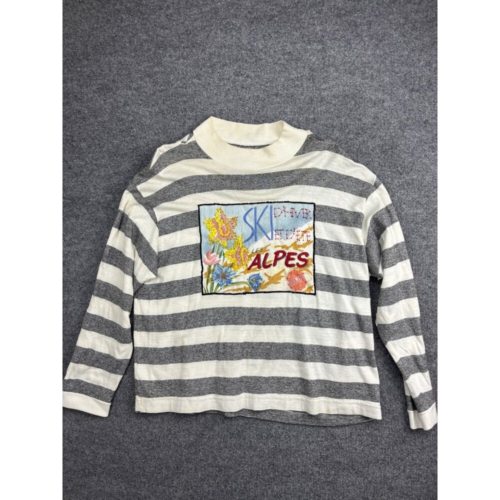 VNTG Joujou Shirt‎ Womens One Size Gray Stripe Mock Neck Ski Alpes Embroidered
